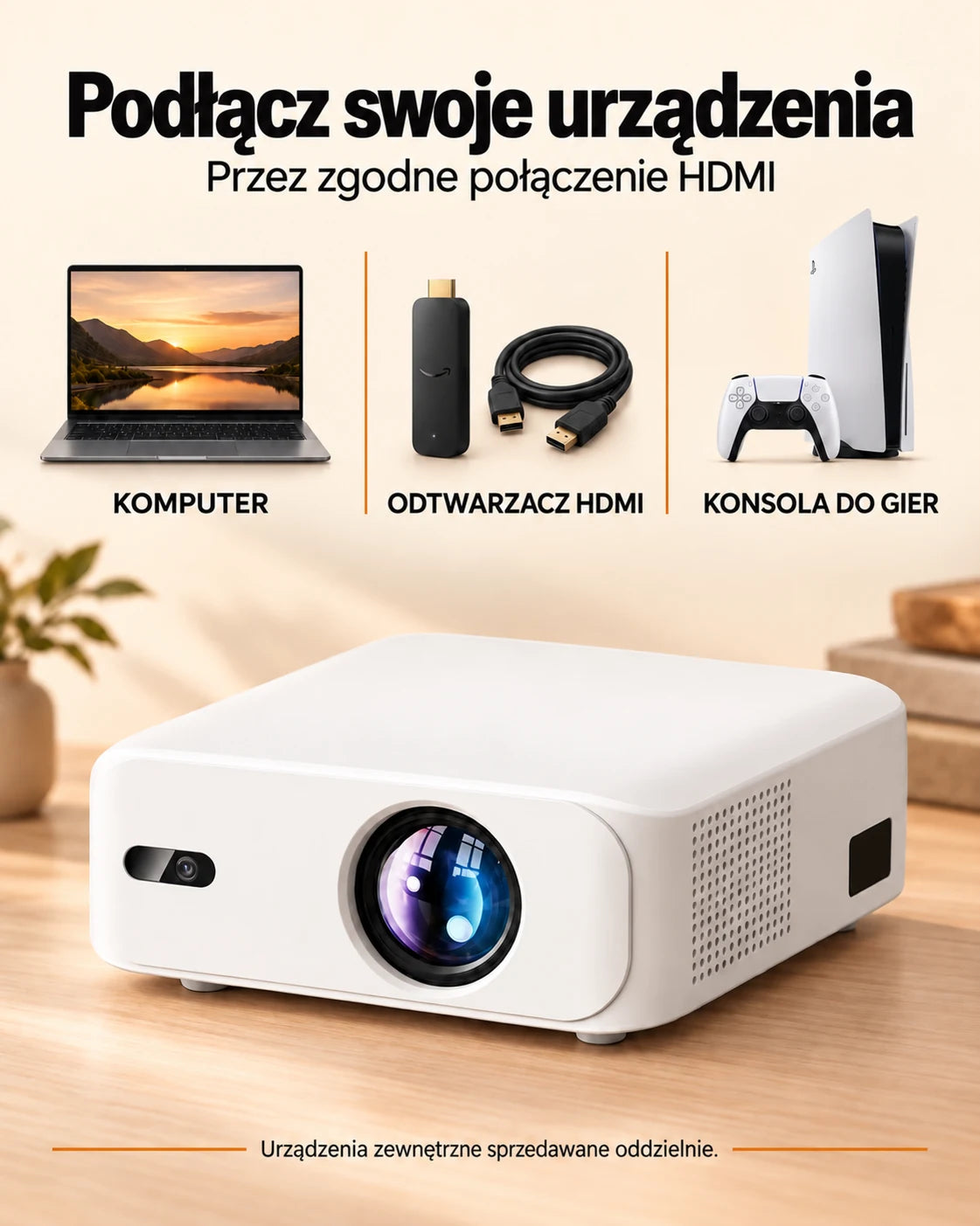 ProjektorLand Horizon – 800 ANSI lumens, natywny Full HD 1080p, HDMI, cyfrowa korekcja keystone i wbudowany głośnik