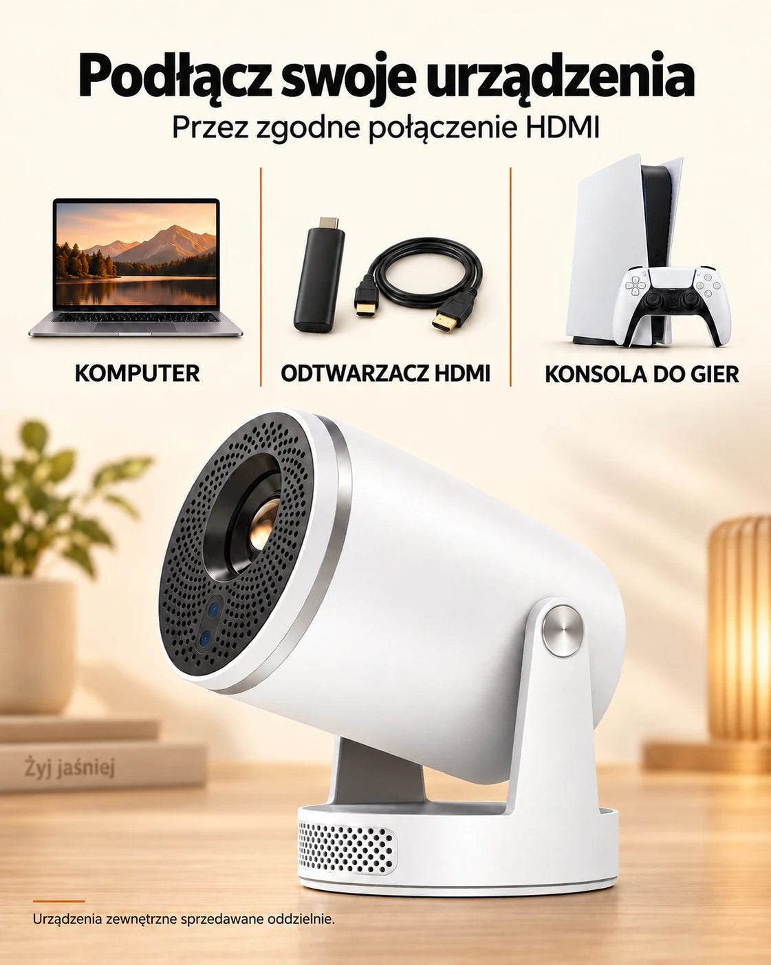 ProjektorLand Luma Pro – mini projektor 400 ANSI lumens, natywna rozdzielczość Full HD 1080p, automatyczna ostrość, Android 14 i Wi-Fi 6