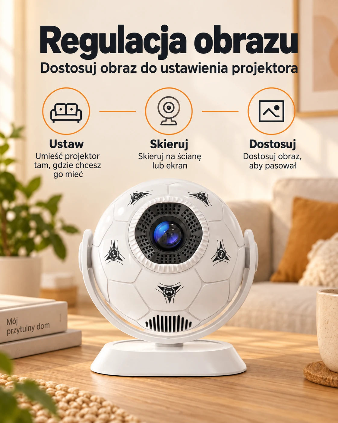 ProjektorLand Orbit – mini projektor 300 ANSI lumens, Android 14, Wi-Fi, Bluetooth 5.4 i obraz o rozmiarze 35–135 cali