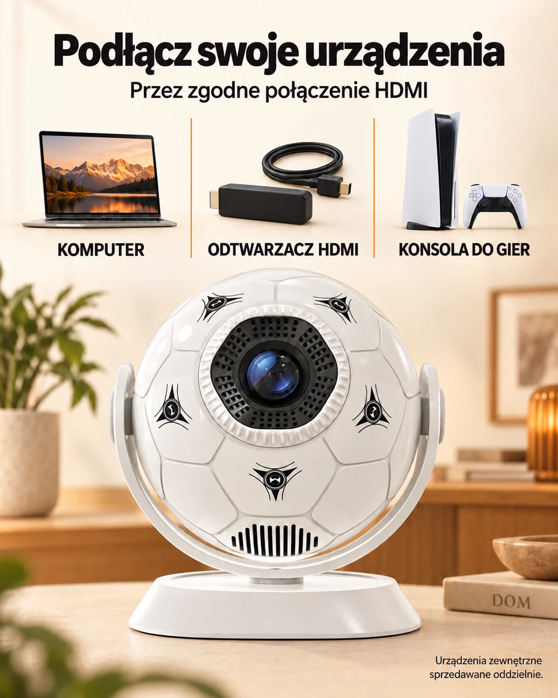 ProjektorLand Orbit – mini projektor 300 ANSI lumens, Android 14, Wi-Fi, Bluetooth 5.4 i obraz o rozmiarze 35–135 cali