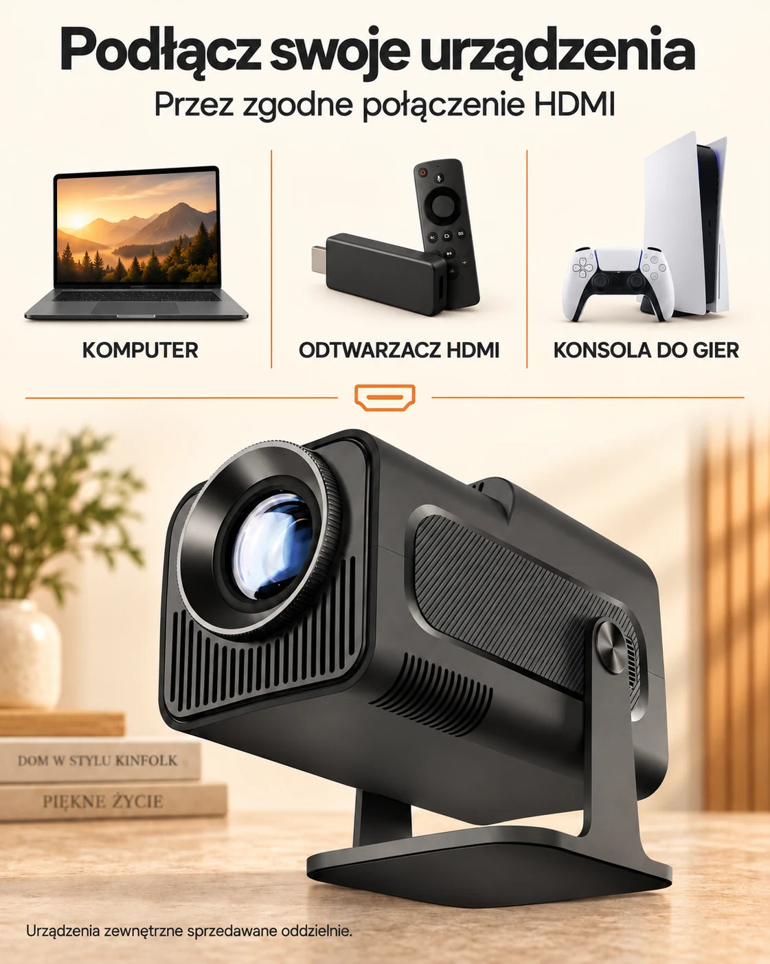 ProjektorLand Nomad Mini – 300 ANSI lumens, natywny HD 720p, Android 11, Wi-Fi 6, Bluetooth i obrót o 180°