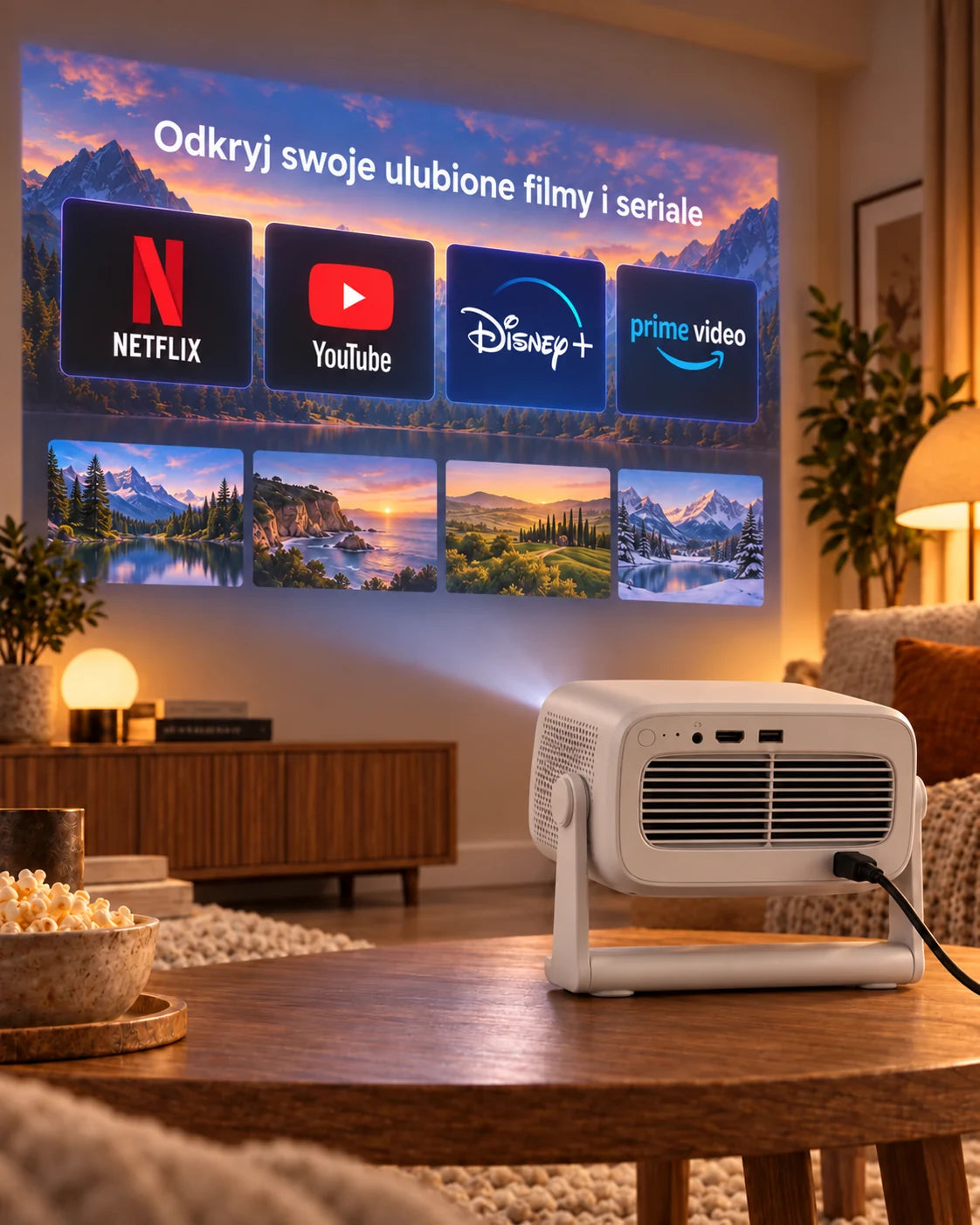 ProjektorLand Panorama – 900 ANSI lumens, natywna rozdzielczość Full HD 1080p, Android TV 11, automatyczna ostrość i 200° regulowalny statyw