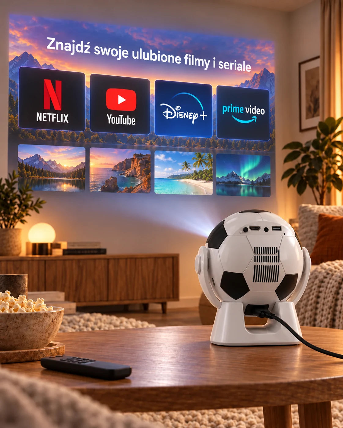 ProjektorLand Orbit – mini projektor 300 ANSI lumens, Android 14, Wi-Fi, Bluetooth 5.4 i obraz o rozmiarze 35–135 cali
